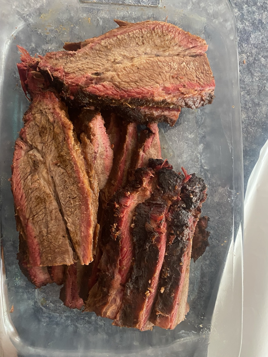 Sliced brisket, flat and burnt ends, plated