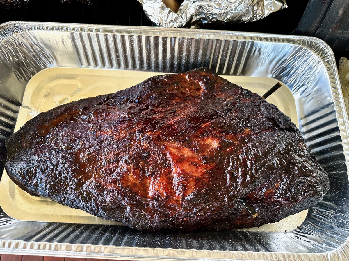 The leg of lamb, smoked whole, deep bark set