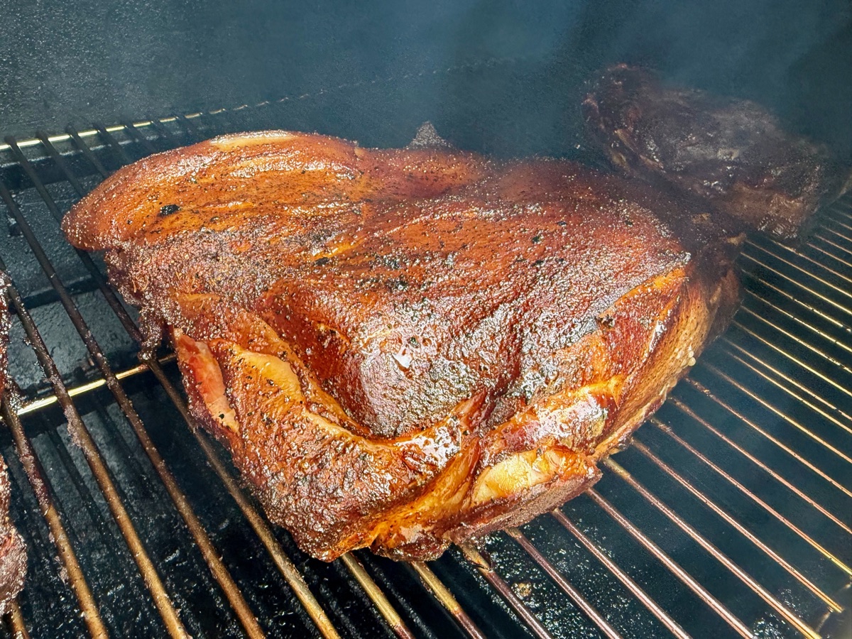 The Boston butt on the smoker, bark and all