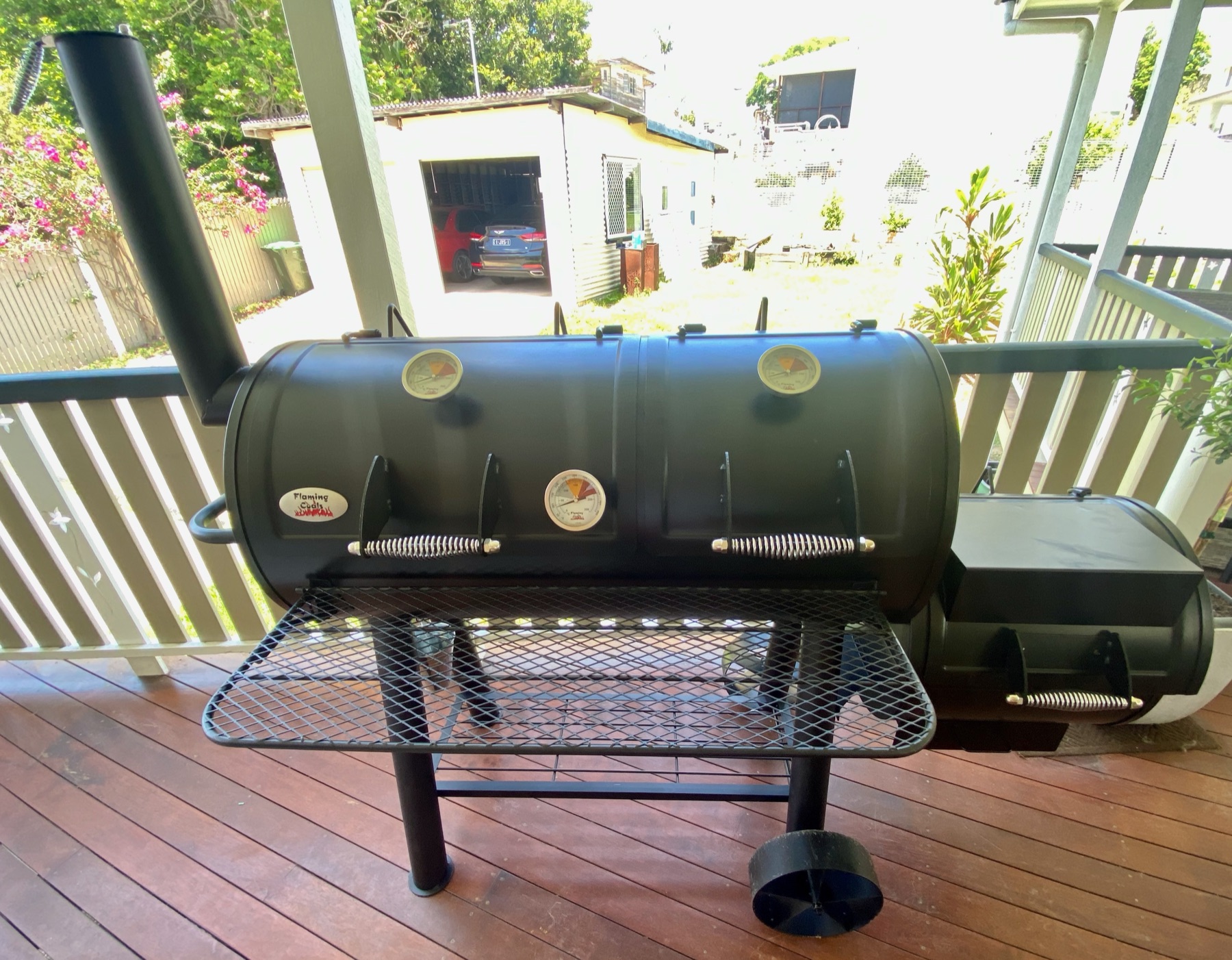 The JPL offset smoker on the back deck, lit and ready