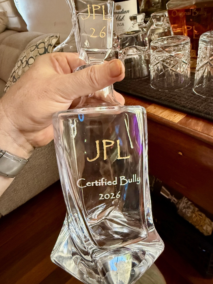 The 2026 JPL Bully crystal decanter, hand-engraved